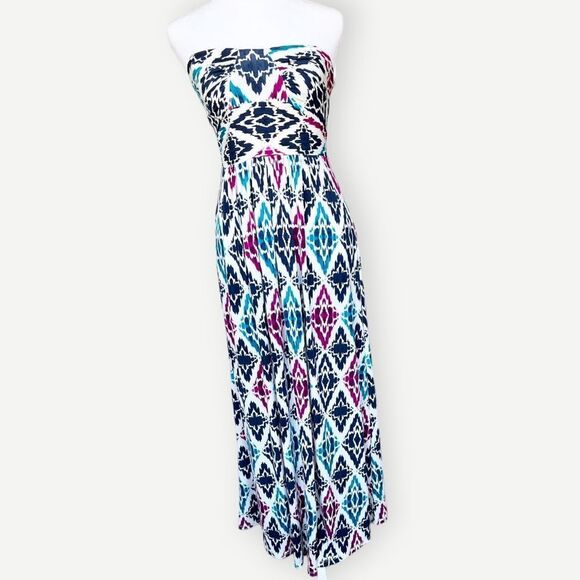 Ann Taylor Petites Strapless Multicolor Abstract Print Flowy Maxi Dress. XXSP. - Picture 2 of 11